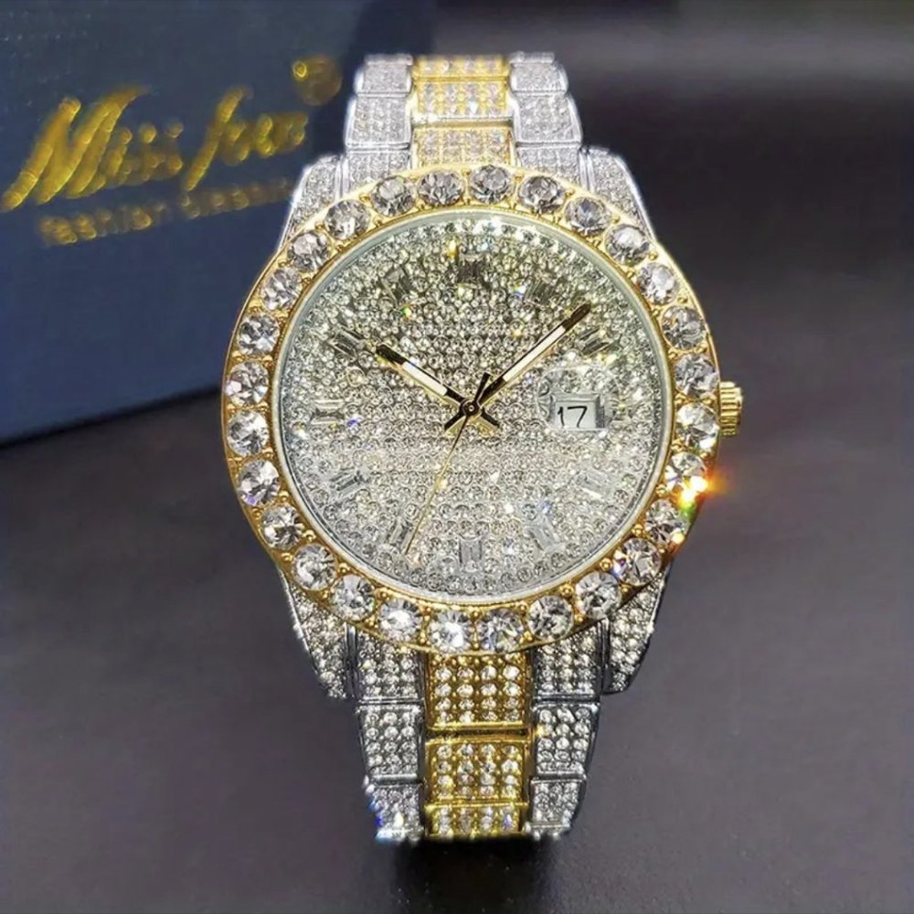 2 Tone Yellow/Silver Luxury Men's Watch Iced Out Twinkle Big Faux Diamond Quartz